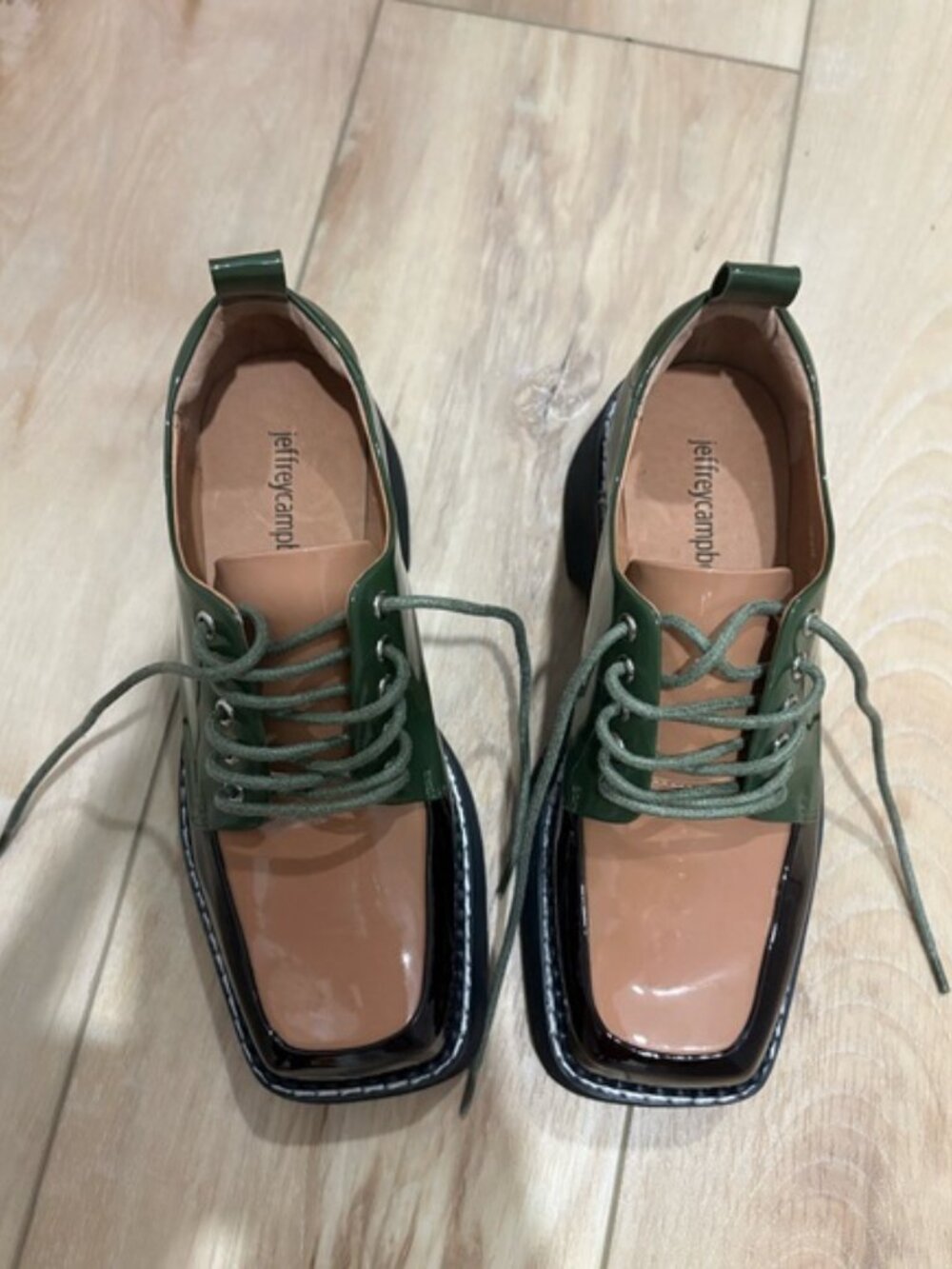 Jeffrey Campbell Book Platform Apron Toe Derby Green Tan Patent Leather Loafers - Picture 12 of 15